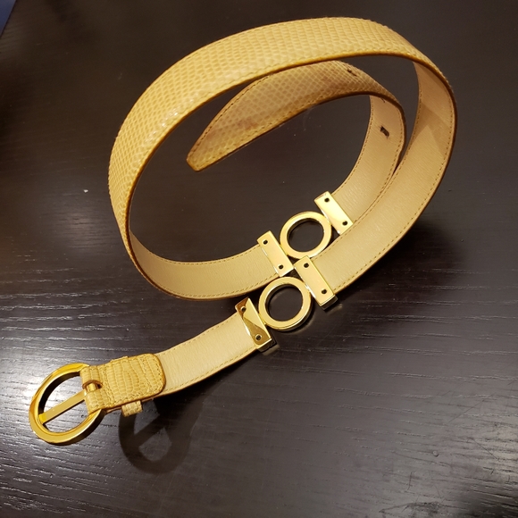 Ferragamo 2101 tan snake print leather belt with gold tone buckle - Picture 1 of 9
